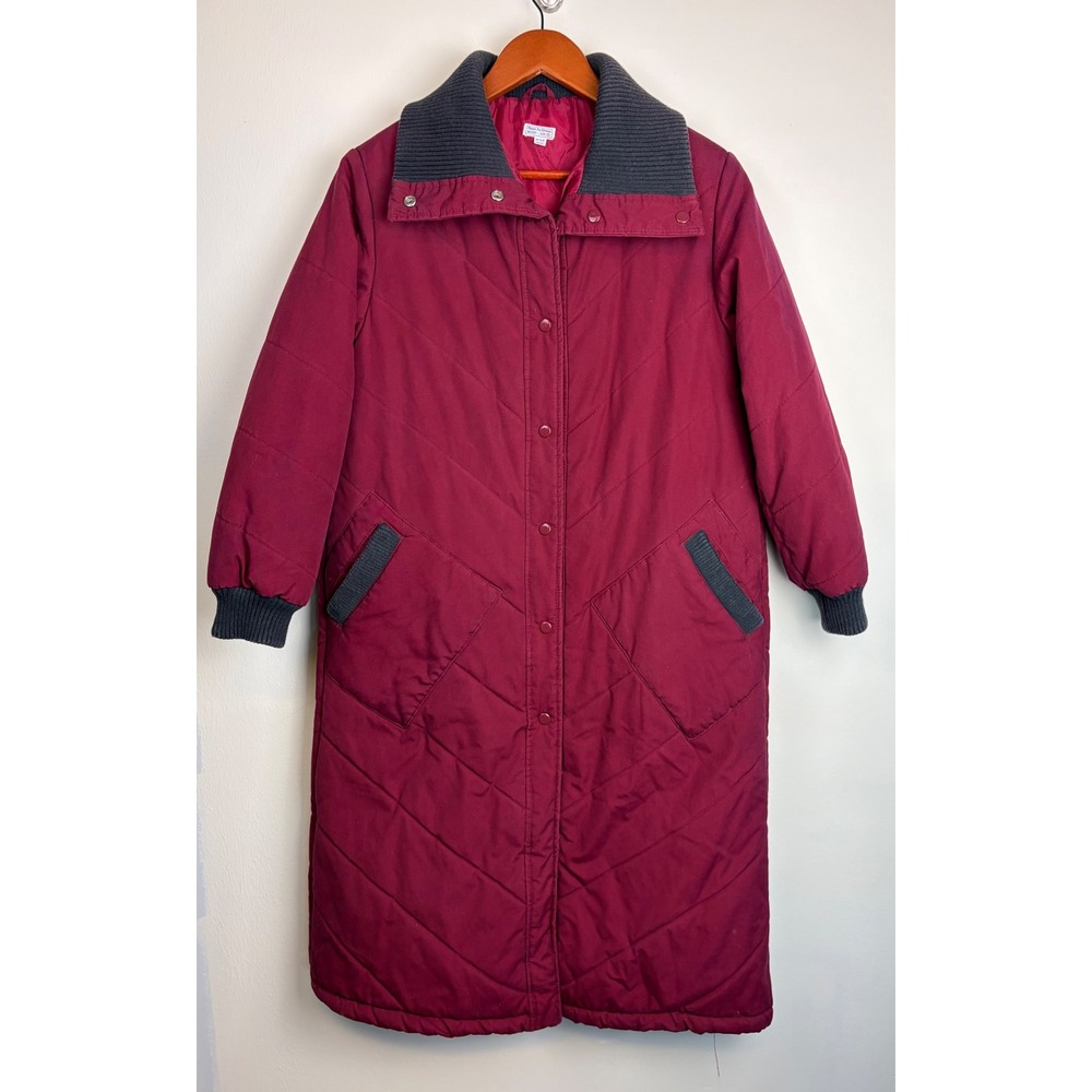 Vintage Puffer Coat M Black Red Quilted Longline Ribbed Knit Chevron Barn Jacket